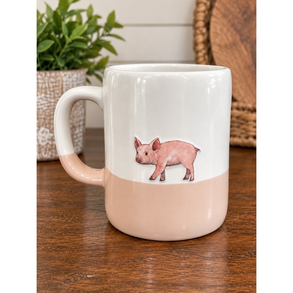 Rae Dunn Artisan Collection Oink Pig Mug Two Tone Pink White Ceramic Coffee Cup